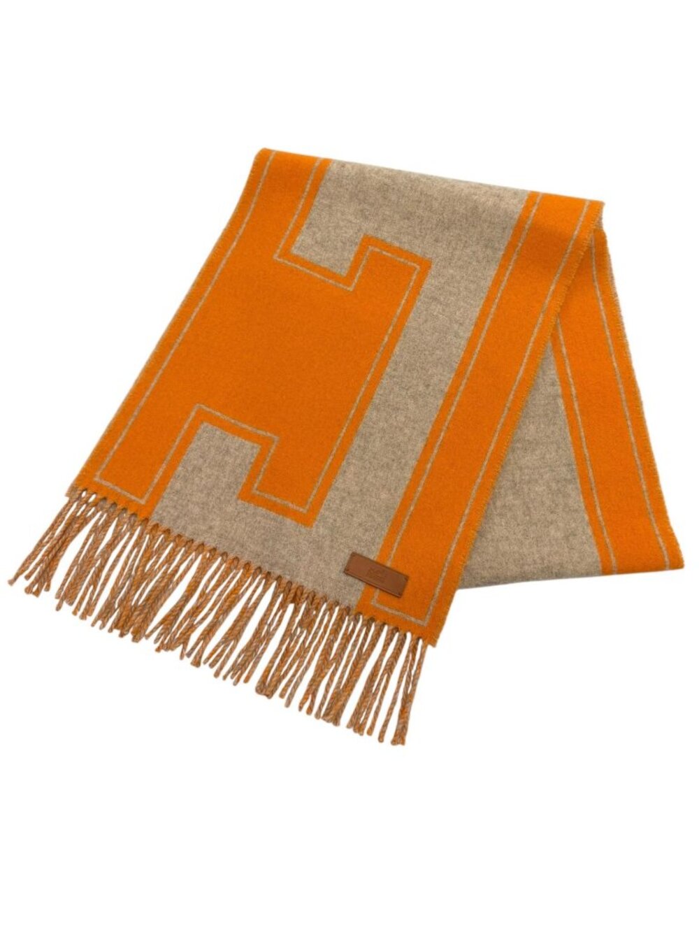 Hermes Scarf Cles de H Cashmere 100% Beige Orange Leather Logo Patch Fringe